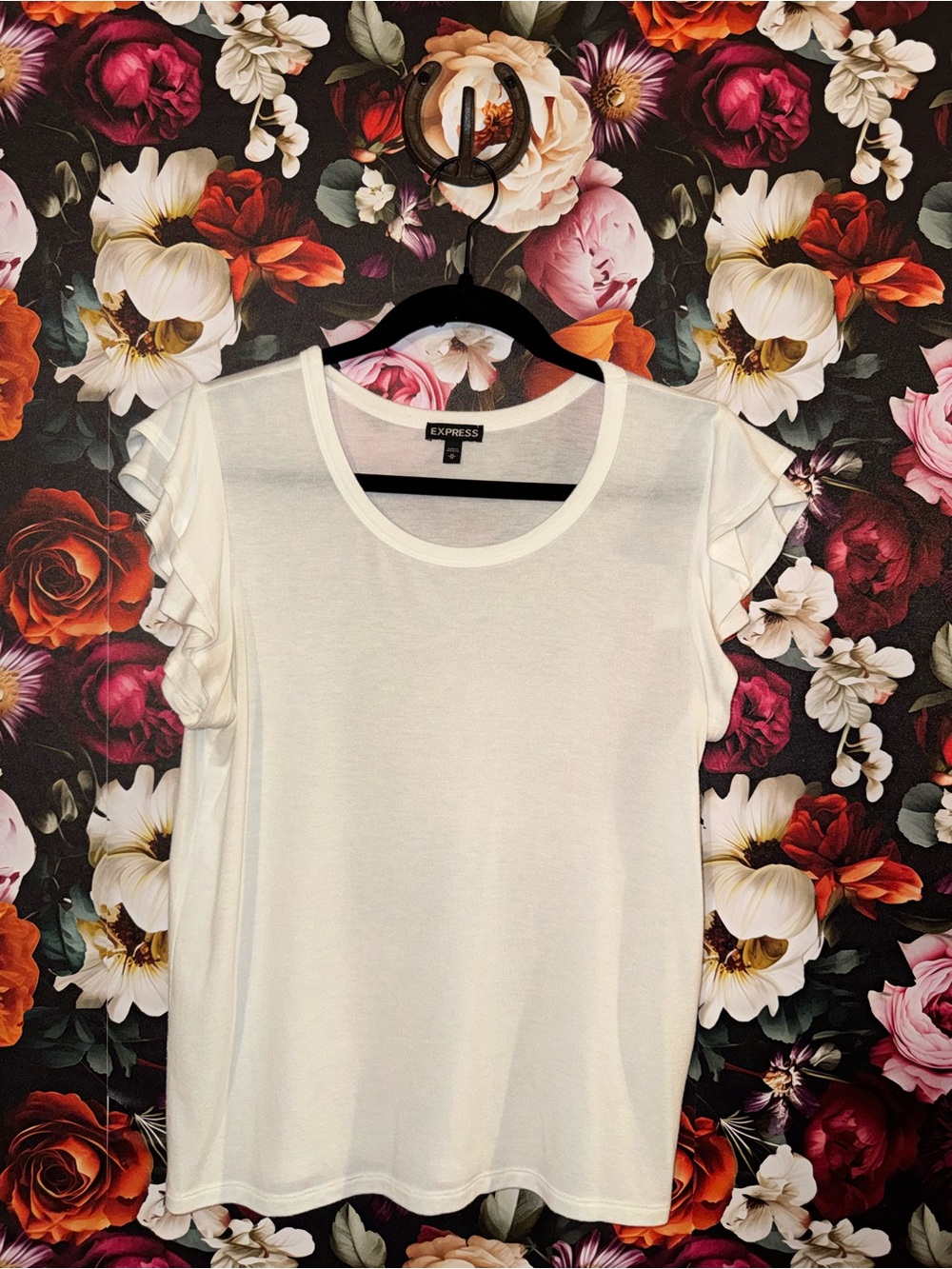 Express White Ruffle Short Sleeve Tee, Size Medium